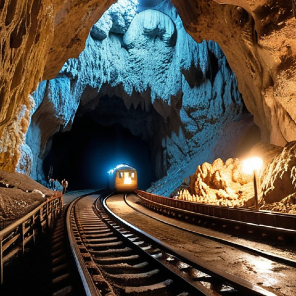**A vast, illuminated cave system with stalactites and stalagmites. A small train winds through the tunnels, showcasing the scale and wonder of Postojna Cave.** (This image captures the journey into the cave's depths.)